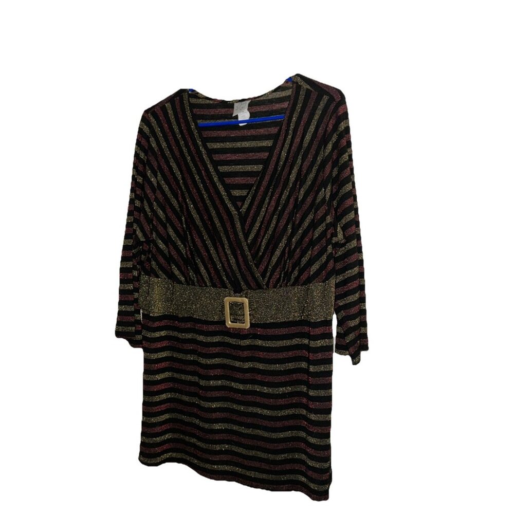 Tunic 3/4 Sleeve V Neck L Belted Black Gold Maroon